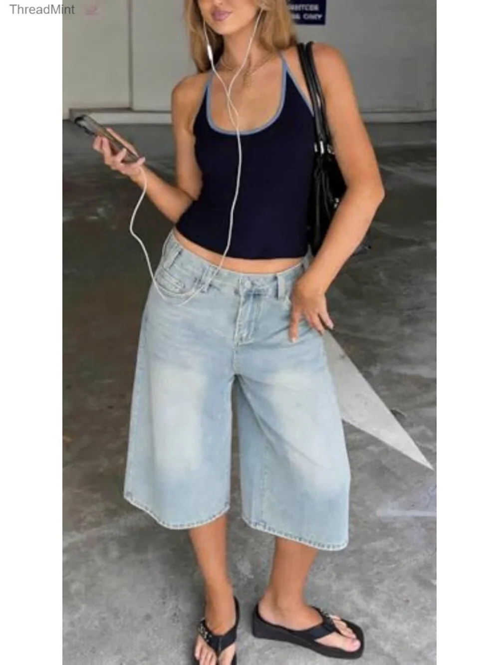 Wide Leg Baggy Long Denim Shorts - Y2K Grunge Bermuda Jorts Loose Fit